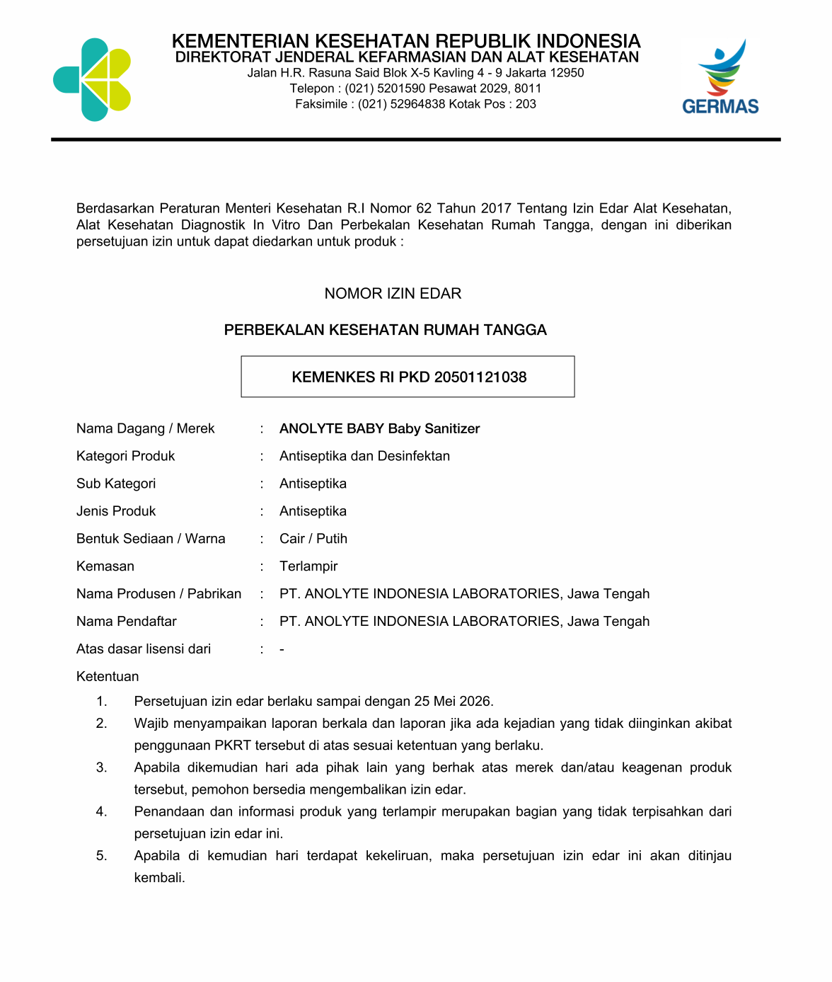 Izin Edar Anolyte Baby